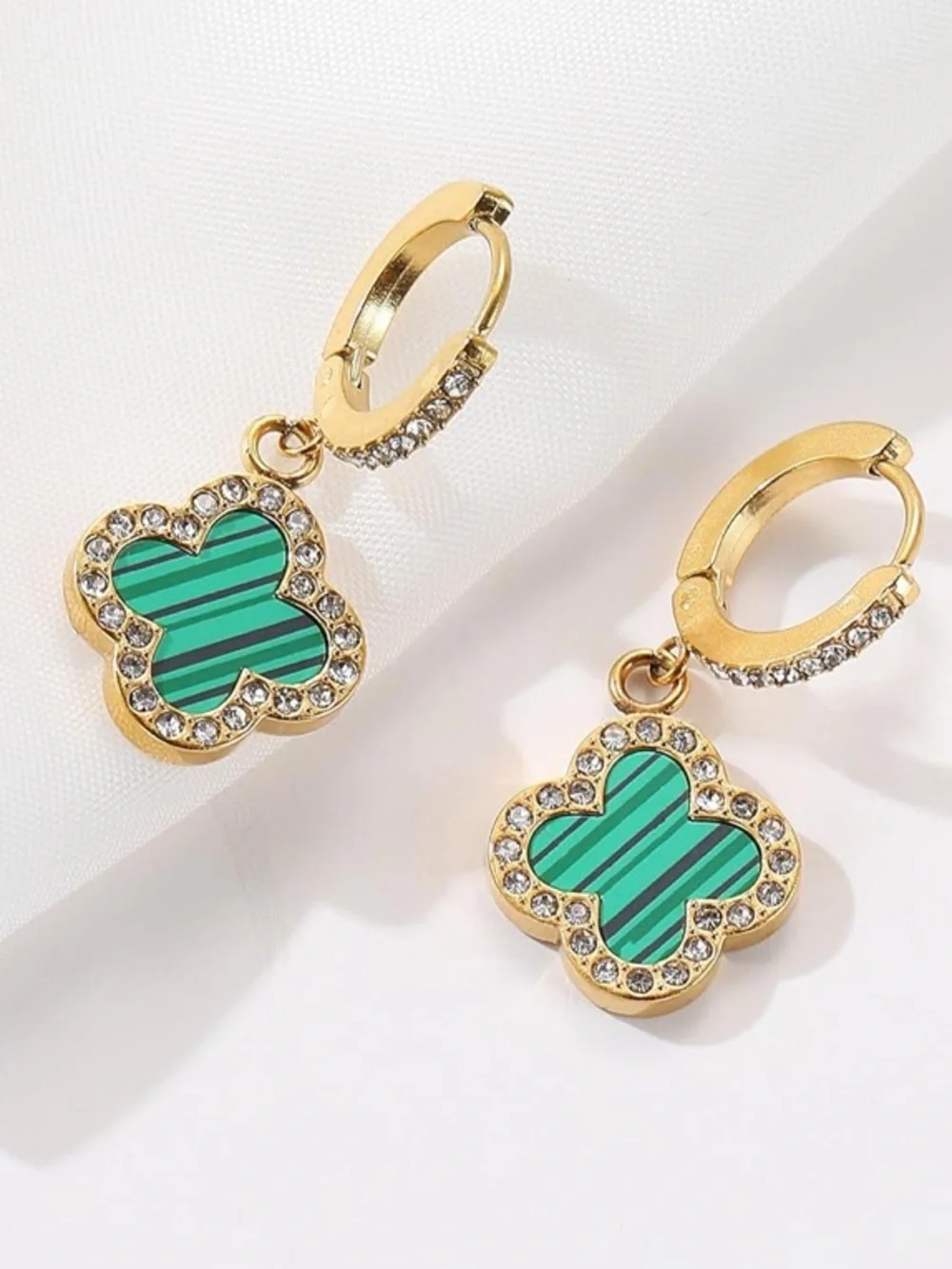 Alhambra Style 18K Gold Plated Green Clover Drop Hoop Earrings NEW